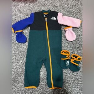 The North Face Baby Denali Colorblock Fleece Onesie with Mittens and Booties